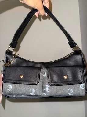 Juicy Couture Black and Gray Logo Shoulder Bag with Heart Studs
